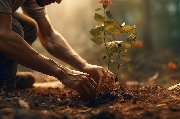Die Hände eines jungen Mannes pflanzen eine Blume in seinem Garten