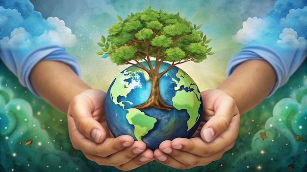 Die Hände eines Kindes halten einen wachsenden Baum Erdtag Umwelttag Konzept Halten der Umwelt sauber