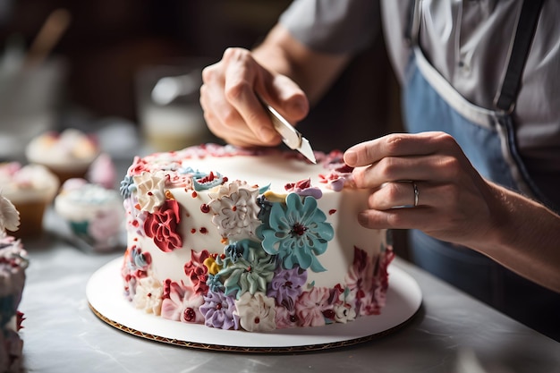 Die Hände eines Konditoren schmücken geschickt einen Kuchen mit Glasur