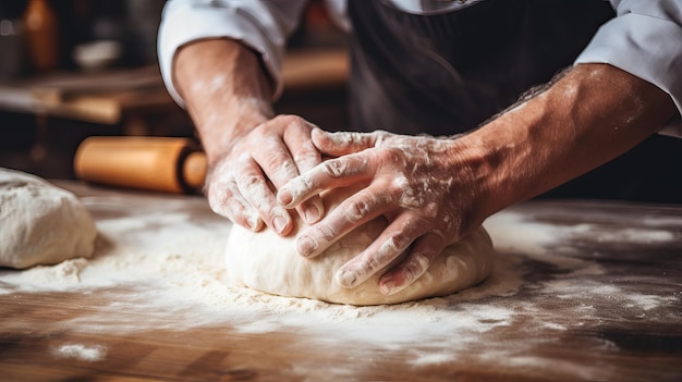 Die Hände eines Mannes kneten Pizza oder Nudeln mit Mehl