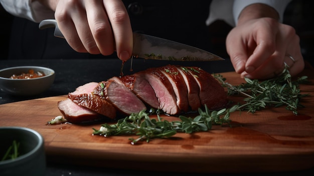 Die Hände eines Metzgers portionieren gekonnt erstklassige Rindfleischstücke