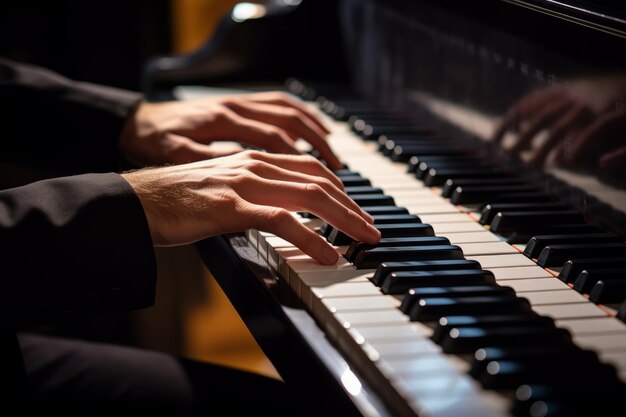 Foto die hände eines pianisten, der synthesizer spielt, in nahaufnahme