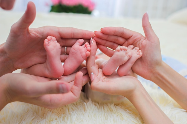 Die Hände von Mama und Papa halten kleine Beine ihrer beiden neugeborenen Zwillingsbabys