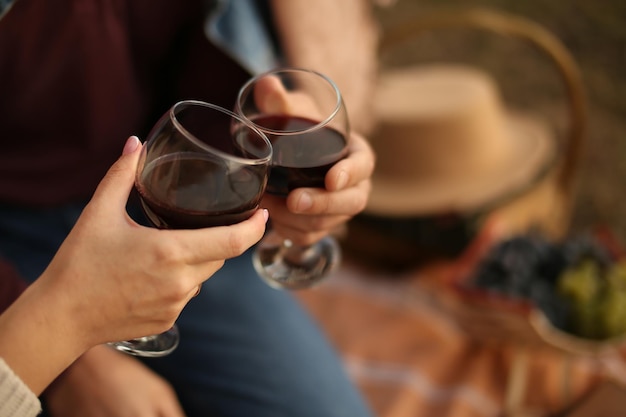 Die Hände von Mann und Frau halten Gläser mit Rotwein. Picknicktermin im Sommer. Foto in hoher Qualität