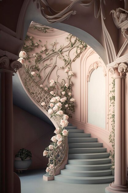 die hall der träumenden treppe mit blumen, die sie im stil des hellen rosa dekorieren