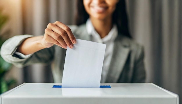 Die Hand der Frau wirft den Stimmzettel in die Wahlkasse, was die Freiheit und die demokratische Teilnahme symbolisiert.