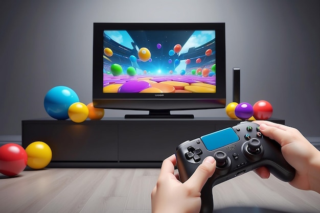 Die Hand der Zeichentrickfiguren hält ein Gamepad vor einem Fernseher mit mehrfarbigen ausfliegenden Kugeln. Konzept des Videospiels 3D-Rendering