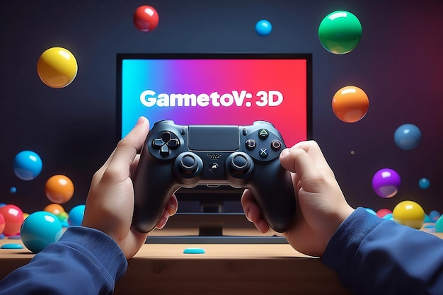 Die Hand der Zeichentrickfiguren hält ein Gamepad vor einem Fernseher mit mehrfarbigen ausfliegenden Kugeln. Konzept des Videospiels 3D-Rendering