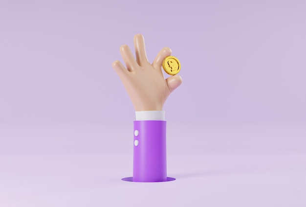 Die Hand des Geschäftsmannes erhebt sich und hält eine goldene Pfund-Sterling-Münze für den Währungsumtausch und das Zahlungskonzept für Geldüberweisungen durch 3D-Darstellung