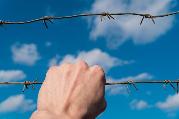 Die Hand des Mannes hält gestreckten rostigen Stacheldraht gegen den blauen Himmel mit Wolken Das Konzept der Sicherheitsgrenze für Gefängniskriminalität