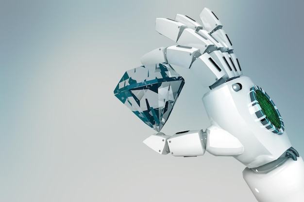 Die Hand des Roboters hält einen Diamanten. 3D-Rendering.