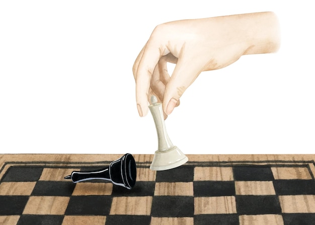 Die Hand des Schachspielers macht einen Zug mit der weißen Königin, um den schwarzen König schachmatt zu setzen. Aquarell-Illustration