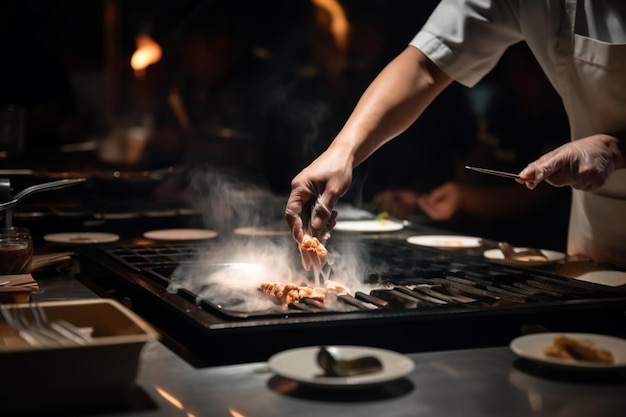 Die Hand des Teppanyaki-Kochs kocht vor den Gästen