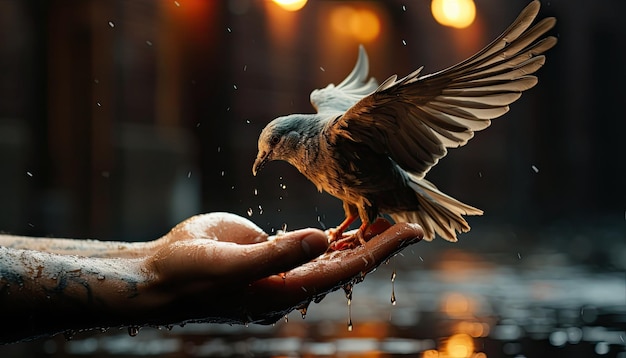 Die Hand, die die Taube freigelassen hat. Geh hinaus und kämpfe für die schöne Freiheit