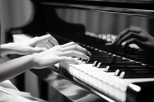 Die Hand einer asiatischen Frau spielt Klavier auf schwarzem und weißem Hintergrund. Viel Platz für Text