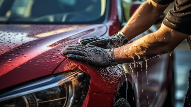 Die Hand einer asiatischen Frau wischt die Oberfläche des Autos mit einem Mikrofasertuch