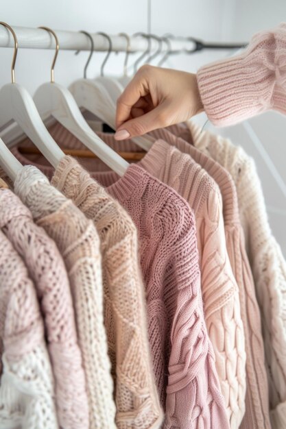 Die Hand einer Frau reicht nach stilvollen rosa Pullovers auf einem Regal in einem Laden.