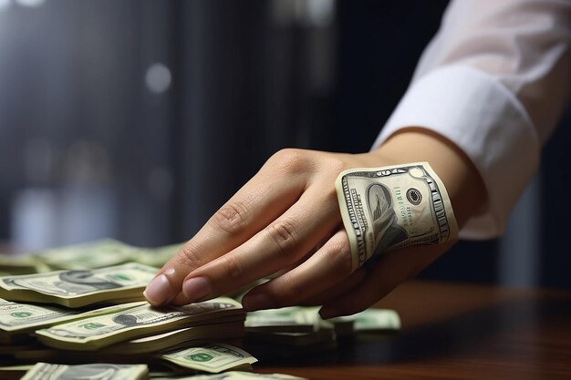 Die Hand einer Geschäftsfrau, die in die Welt der Finanzen taucht Kapital Fundraising Dollar Darlehen Kredit