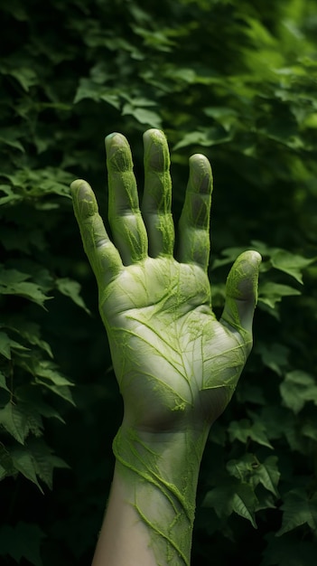 Foto die hand einer person, die mit grünen blättern bedeckt ist