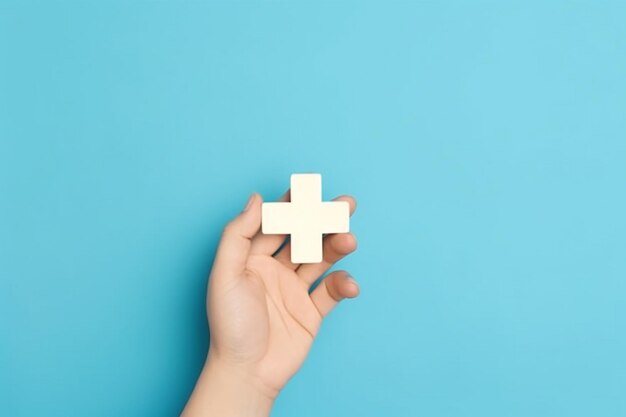 Die Hand einer Person hält ein Pluszeichen auf blauem Hintergrund