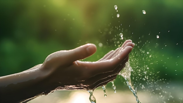 Die Hand einer Person ist mit Wasser gefüllt und das Wort Wasser befindet sich unten im Bild