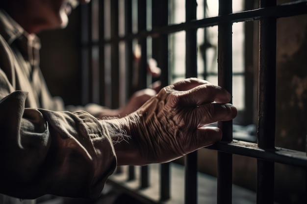 Die Hand einer Person liegt auf den Gitterstäben einer Gefängniszelle.