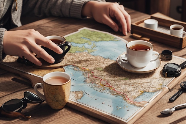 Die Hand einer Person weist auf einen Ort auf der Karte mit einer Tasse Tee und Reisezubehör auf einer Holzoberfläche