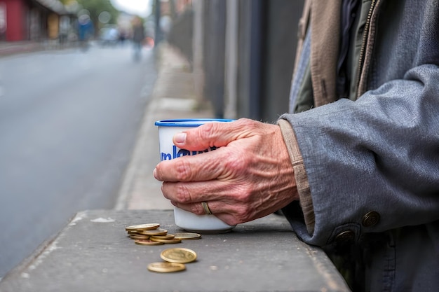 Die Hand eines alten Mannes, der um Almosen bittet.