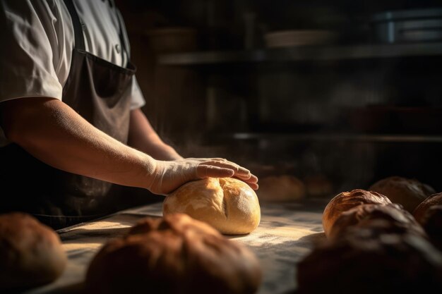 Die Hand eines Bäckers mit frisch gebackenem Brot in einer ländlichen Bäckerei