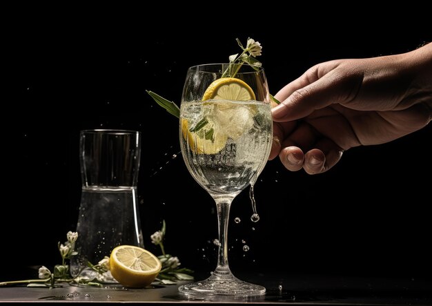 Foto die hand eines barkeepers gießt behutsam gin in ein flötenglas, um einen french 75 zu kreieren