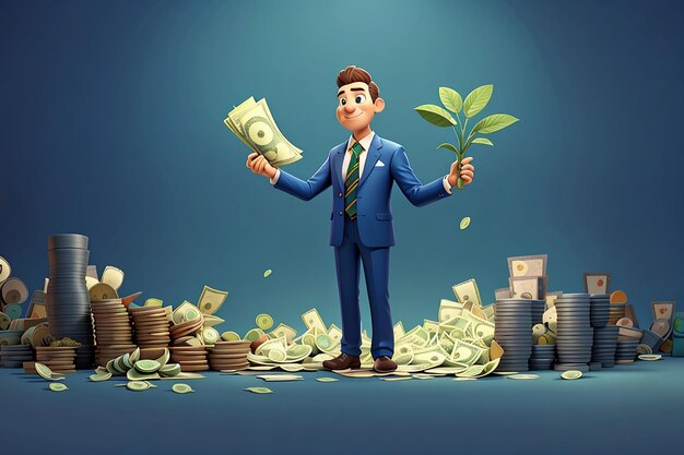 Die Hand eines Cartoon-Geschäftsmanns hält ein Geldwachstumskonzept in der Hand, 3D-Illustration