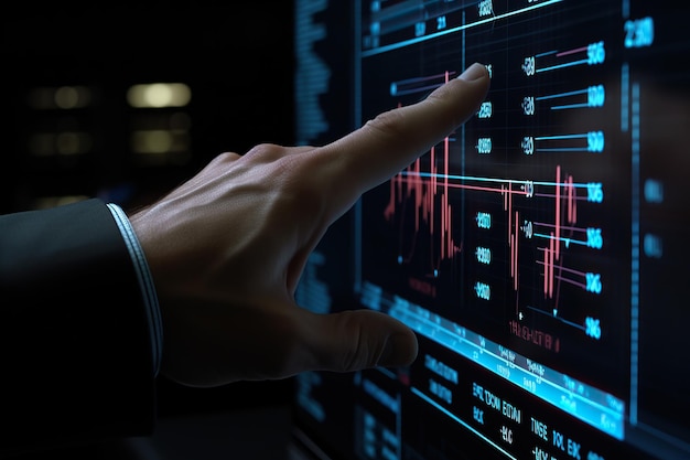 Foto die hand eines geschäftsmanns zeigt einen handelsdiagramm auf einem monitor an