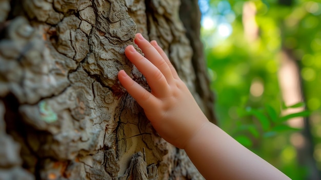 Die Hand eines Kindes berührt die Textur eines geschnittenen Baumstammes in der Natur Nachhaltigkeitskonzept