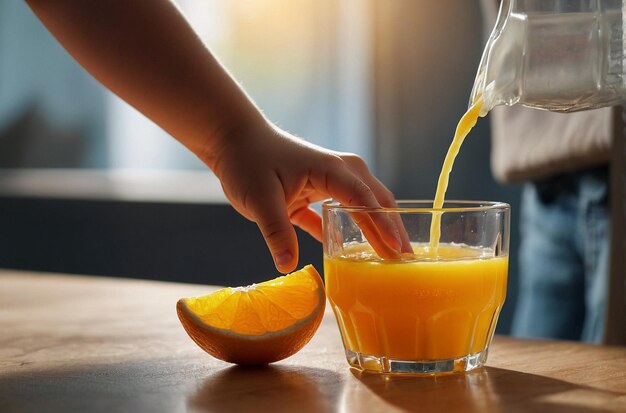 Die Hand eines Kindes greift nach einem Glas Orangensaft