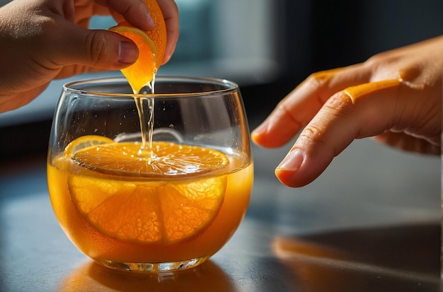 Die Hand eines Kindes greift nach einem Glas Orangensaft