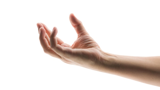 Die Hand eines Mannes auf weißem Hintergrund