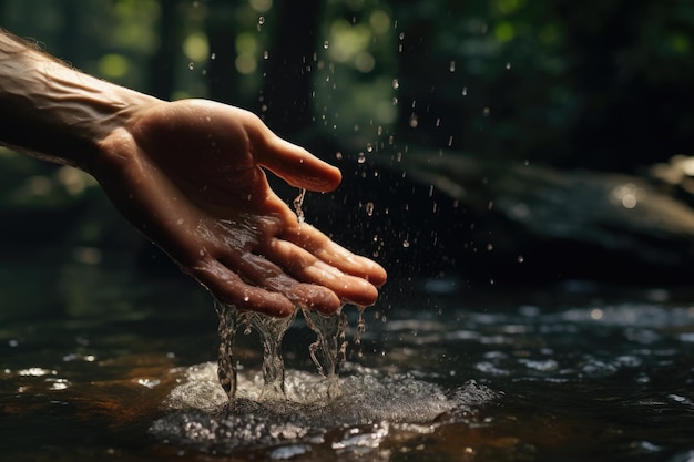 Die Hand eines Mannes berührt Meerwasser