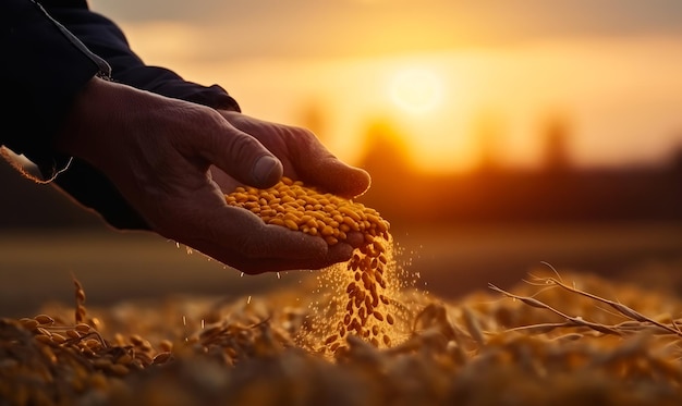 Die Hand eines Mannes gießt bei Sonnenuntergang Getreide auf ein Feld, eine Hand säet Getreide in einem üppig grünen Feld.