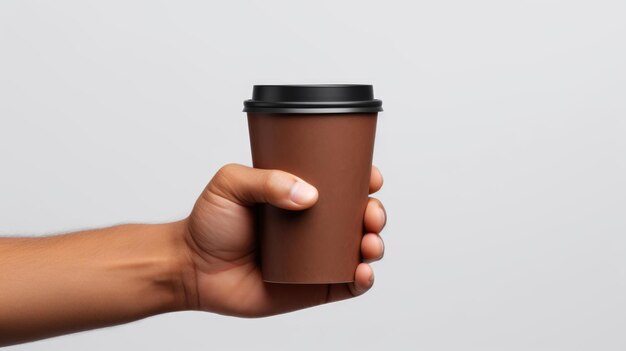 Die Hand eines Mannes hält eine braune Kaffeetasse aus Papier mit schwarzem Deckel auf einem weißen, isolierten Hintergrund, erstellt mit generativer KI-Technologie