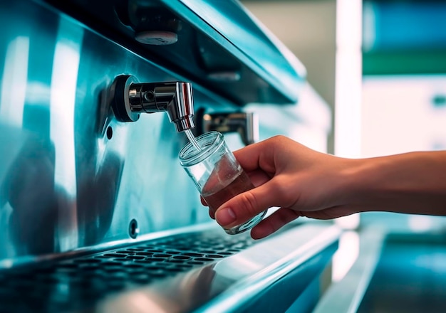 Die Hand eines Reisenden drückte den Knopf einer Trinkwassertankstelle am Flughafen, die eine künstliche Intelligenz erzeugte