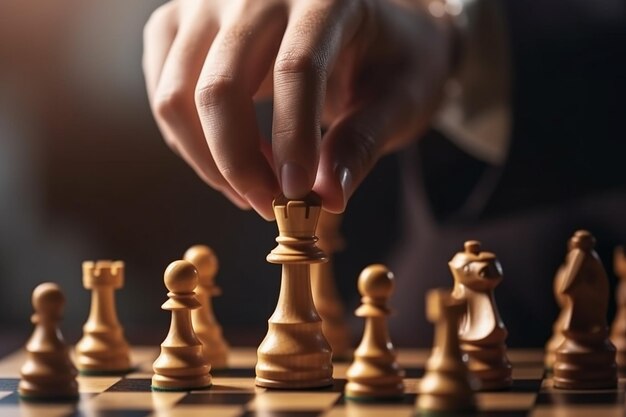 Foto die hand eines strategischen geschäftsmannes spielt schach im nahaufnahmewettbewerb und erfolg, erstellt mit generativ