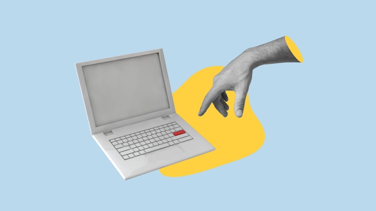 Die Hand greift nach dem roten Knopf am Laptop. Vintage Kunstcollage. 3D-Rendering