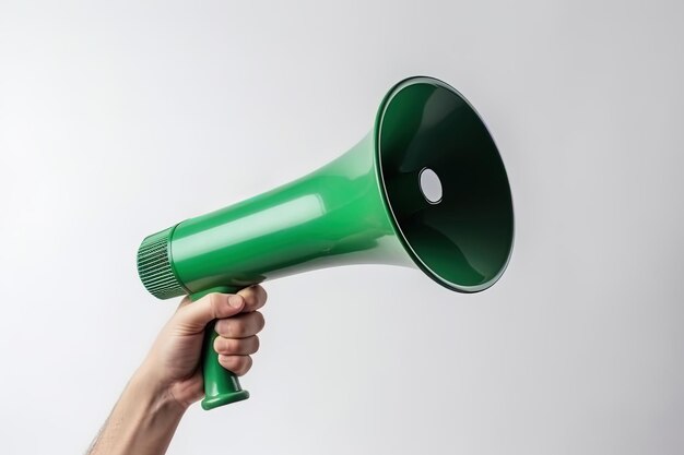 Foto die hand hält ein blaues megafon auf grünem hintergrund. ankündigungskonzept shout it out