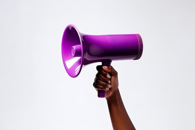 Die Hand hält ein blaues Megafon auf violettem Hintergrund. Ankündigungskonzept „Shout It Out“.