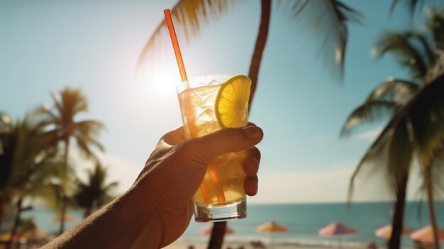 Die Hand hält ein Glas mit einem Cocktail. Frische Getränke. Sonniger Strandurlaub mit Palmen