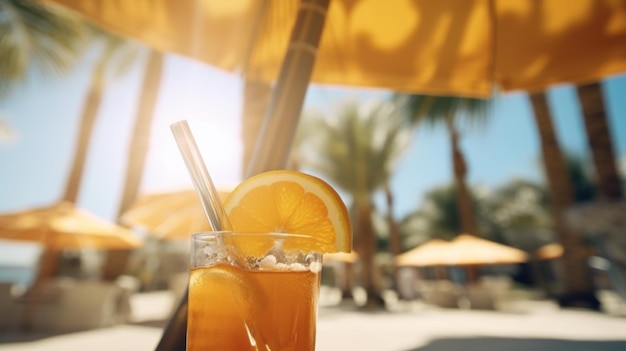 Die Hand hält ein Glas mit einem Cocktail. Frische Getränke. Sonniger Strandurlaub mit Palmen