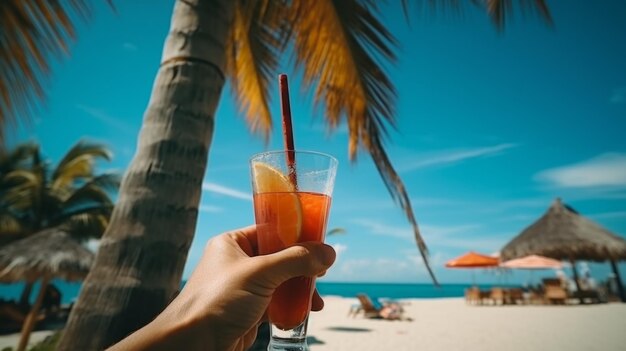 Die Hand hält ein Glas mit einem Cocktail. Frische Getränke. Sonniger Strandurlaub mit Palmen