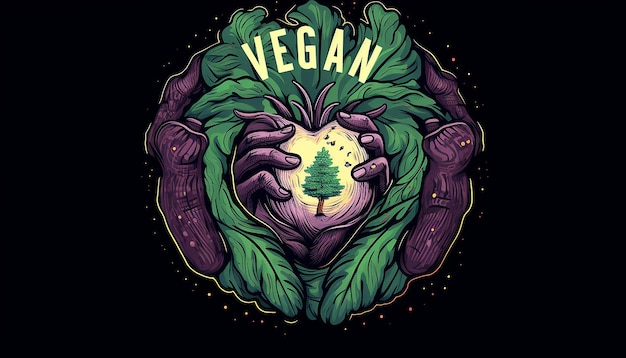 Foto die hand wiegt die herzförmige erde mit der aufschrift „vegan for the planet“ in kräftiger, moderner abstrakter schrift