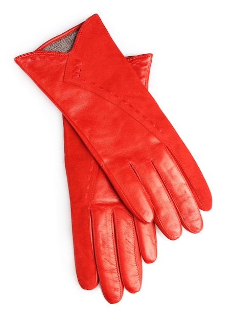 Die Handschuhe der schönen roten Lederfrauen getrennt auf Weiß