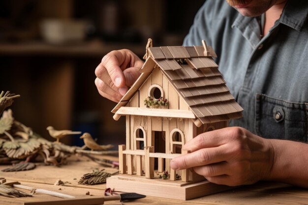 Die Handwerkskunst eines Zimmermanns beim Zusammenbau eines exquisiten hölzernen Vogelhauses AR 32